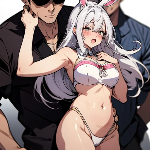 长发White hairBunny Girl，Bunny Girl， is hugged from behind by a man，Big breast beauty，  blush，Open your mouth，White hair，Hands on belly，被男人从背后Hold，Hold，Hug，Tickle，Tickle， black face 