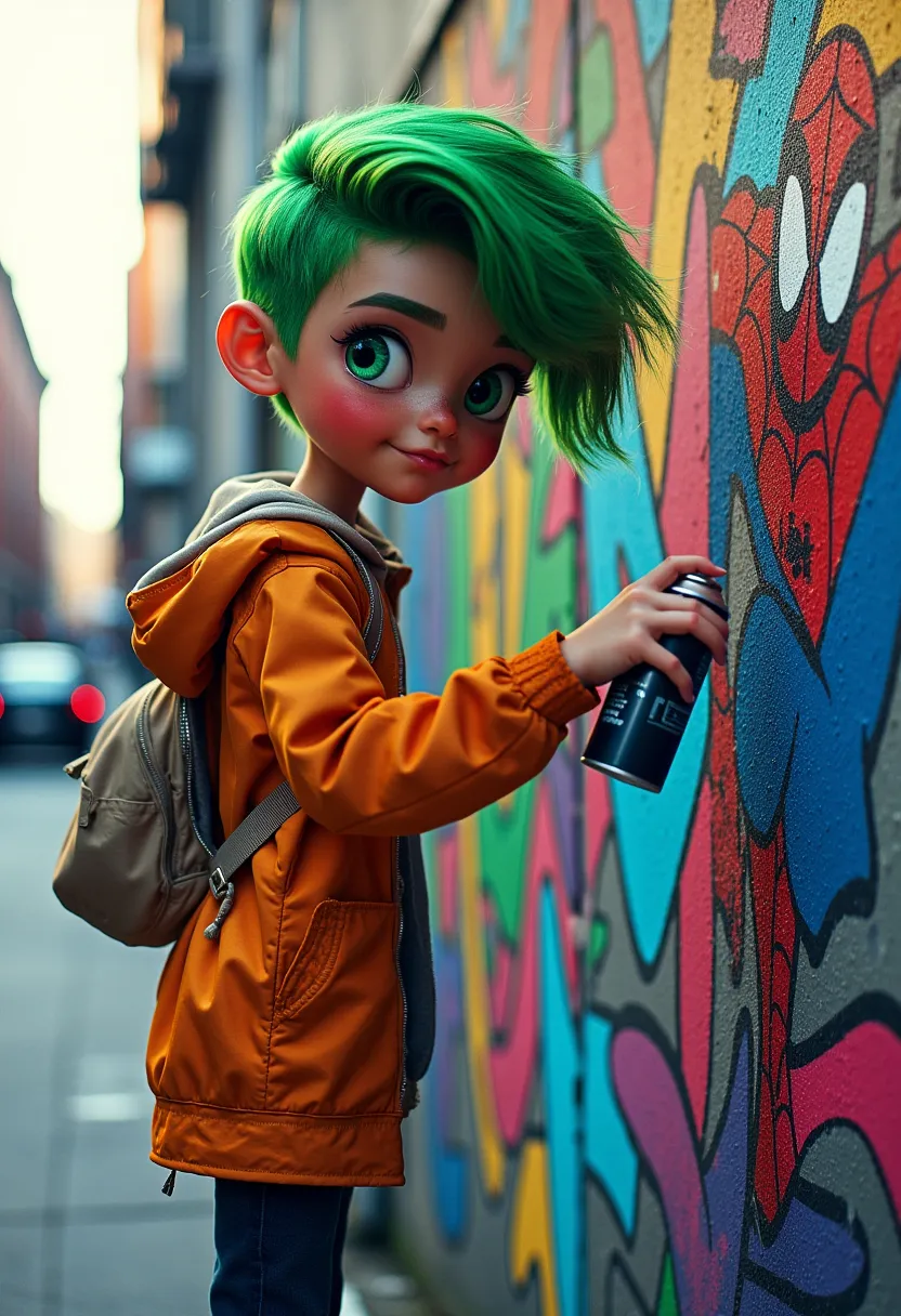 a white teenage girl, multicolor hair with green streaks with overside style with miles morales spiderman , they are graffitiing