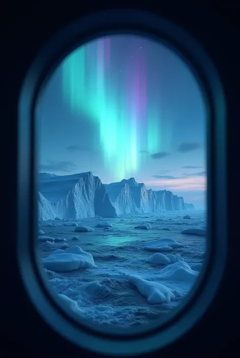 masterpiece, view from port hole window,from below,night sky ,Colorful auroras are vaguely projected in the sky（ moving illustration ）,Glaciers flow through the vast ocean, best quality,  high definition model ,  widescreen ,  first-person view,  motion bl...