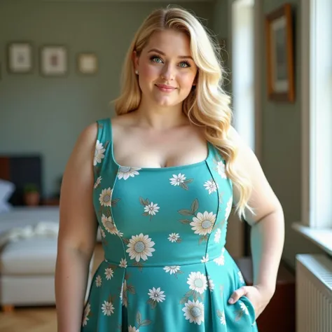 ((best quality)), ((masterpiece)), (highly detailed), 1girl, curvy, extremely white skin, curvy woman with a well-proportioned figure, featuring fuller hips and soft, rounded arms without excess weight. She is wearing a sleeveless cyan floral dress with a ...