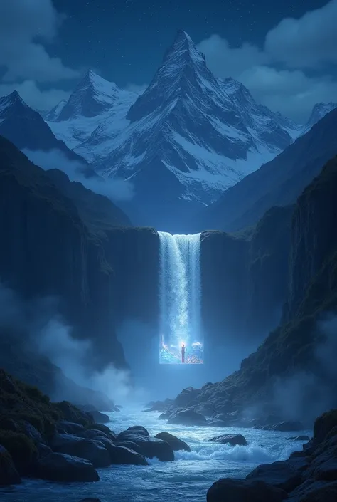 Photo floating in the mountains with a beautiful waterfall, night image