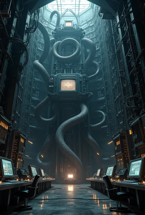 (background a dark facility deep underground holding the highest and most powerful computer metallic tentacles wires but most importantly on top of all amalgamation of wires and electronics there is a big TV computer