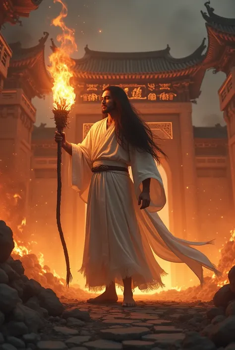  Appearance of a Long Haired Man in White Dress , Chinese Architectural Temple Burning Torch 
