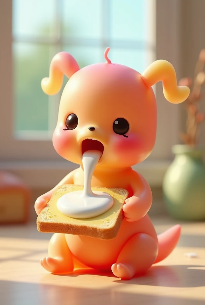 Gummy girl eats bread with white condensed milk in her mouth 