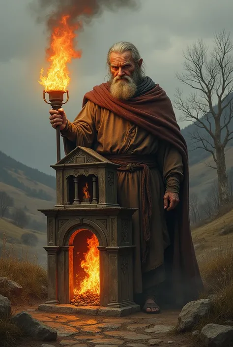 The medieval old boy holding the fire behind is the small burning temple 