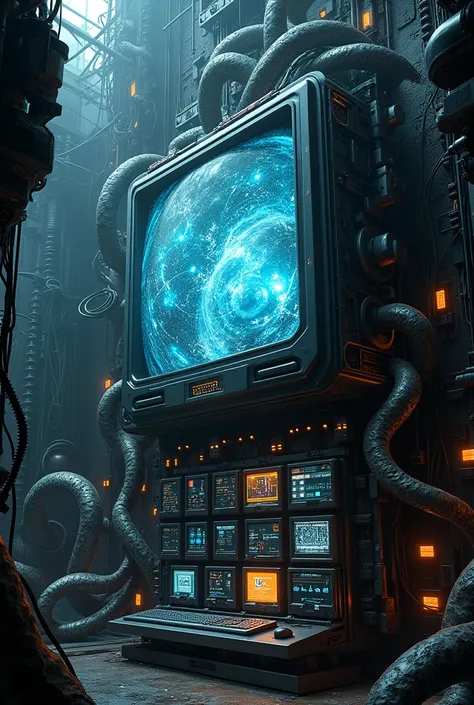 (background a dark facility deep underground holding the highest and most powerful computer metallic tentacles wires but most importantly on top of all amalgamation of wires and electronics there is a big TV computer. (amalgamation of cameras and TVs) 