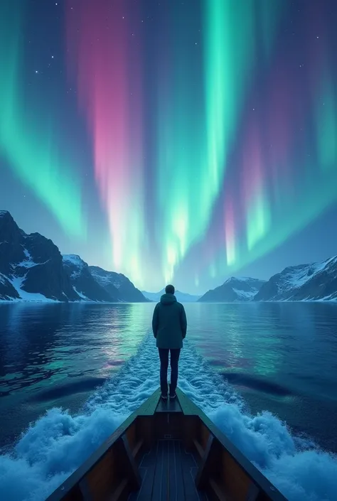 masterpiece,Im standing at the tip of a ship, colorful auroras are vaguely projected in the sky（ moving illustration ）,Glaciers flow through the vast ocean, best quality,  high definition model ,  widescreen ,  first-person view,  motion blur, 8k,  digital...