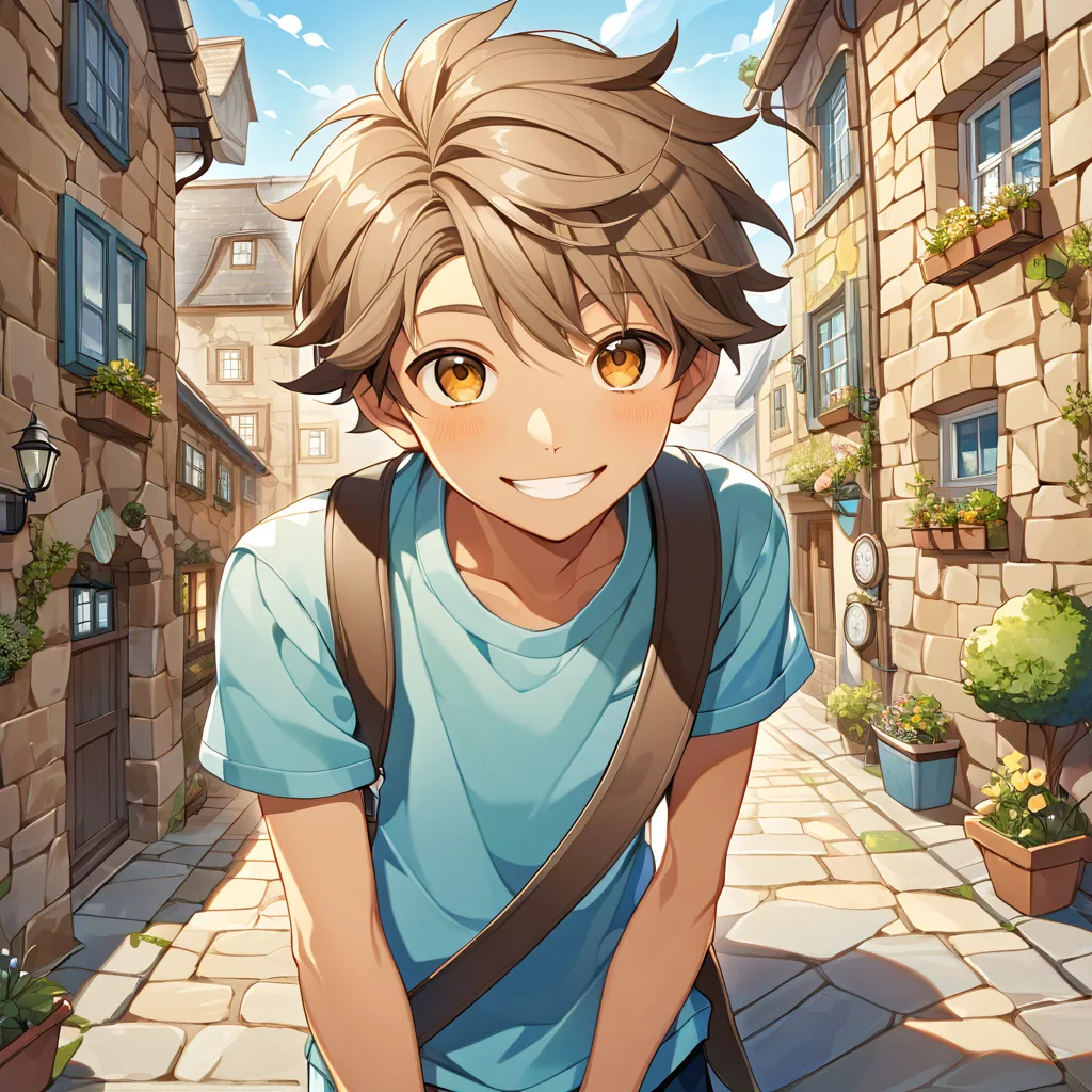 a boy in his early elementary school years, with tanned skin and a cheerful, adorable smile. his hair is light brown, slightly m...