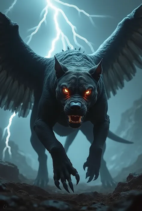 A hybrid creature combining features of a pit bull and an owl, designed to look monstrous and dangerous. The creature has the muscular build and powerful jaw of a pit bull, seamlessly blended with the sharp talons, wings, and glowing, piercing eyes of an o...