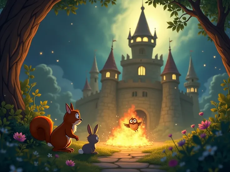  image for a cartoon story YouTube video in Pixar format.  Victory over Malachi :  the evil sorcerer disappears ,  the fortress collapses ,  light returns to Fantasy . looking at the squirrel ,  bunny and owl