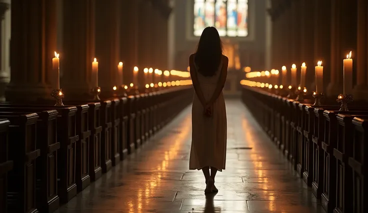 Framing: Position the woman walking barefoot along the stone floor, her hands loosely clasped behind her back. She appears calm, lost in thought, with the camera capturing her from a side angle as she moves.
Lighting: The soft, warm glow of scattered candl...