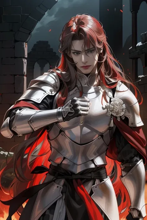 full HD, 4K, better quality, ((1 Adult man, 40 years))), (( glow red long Hair)), ((grey eyes)), (slightly curly hair), crimson knight, ruins of a destroyed castle in the background, Large assembly, Pumped up body, good anatomy, (super detailed face), (Det...