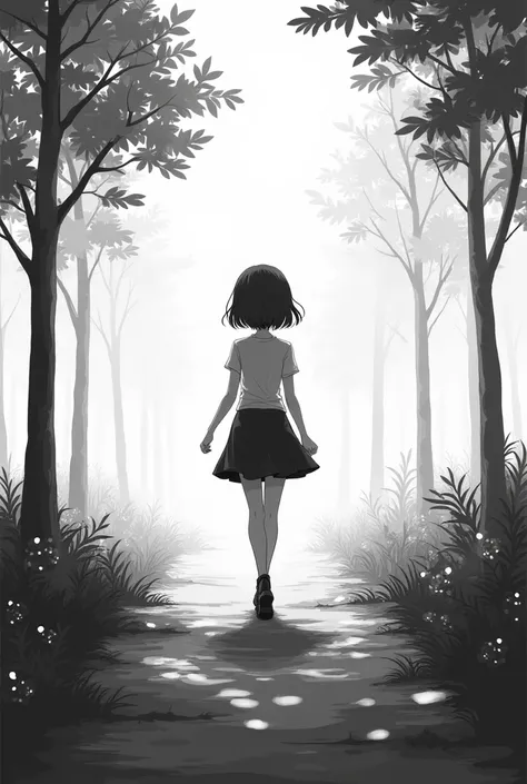 Anime girl、 walking through a black and white landscape with no people。A little closer 、 a girl is looking straight ahead 。