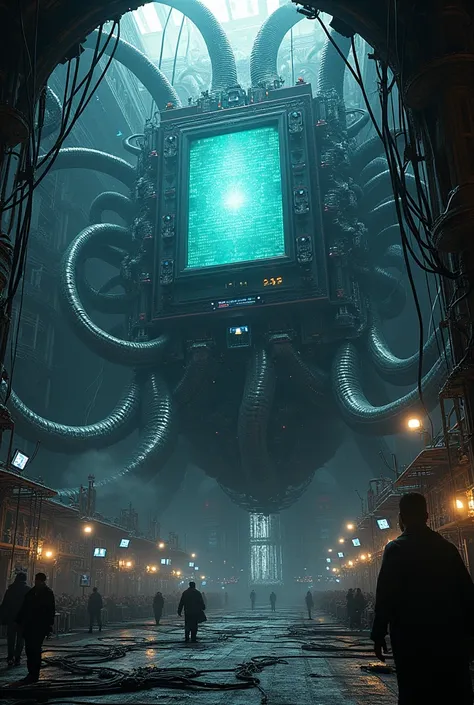 (background a dark facility deep underground holding the highest and most powerful computer metallic tentacles wires but most importantly on top of all amalgamation of wires and electronics there is a big TV computer. (amalgamation of cameras and TVs) (a m...