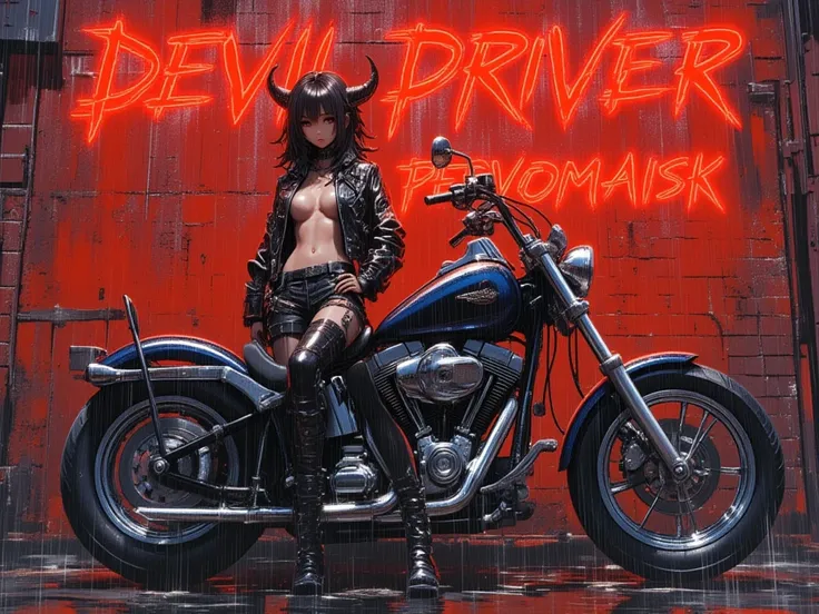 biker girl with topless breasts in front of a motorcycle in chrome against an old red brick wall ,  on the wall is painted  "DEVIL DRIVER PERVOMAISK" street art style  ,  general cyberpunk style  , it&#39;s raining heavily