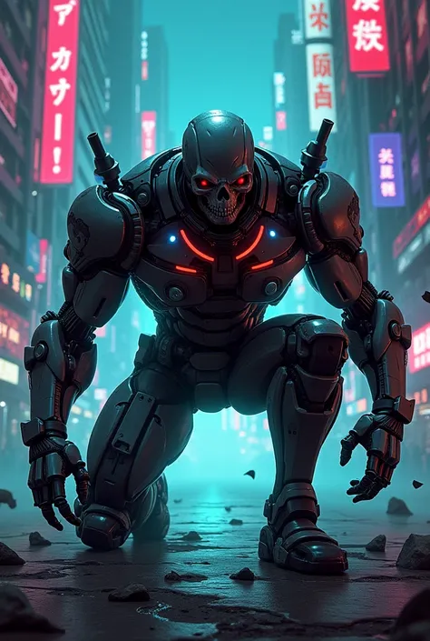 Create a cyberpunk-themed illustration featuring a menacing robotic figure crouched in a futuristic, neon-lit cityscape. The robot is heavily armored, with intricate mechanical details and glowing red and blue lights embedded in its structure. Its skull-li...