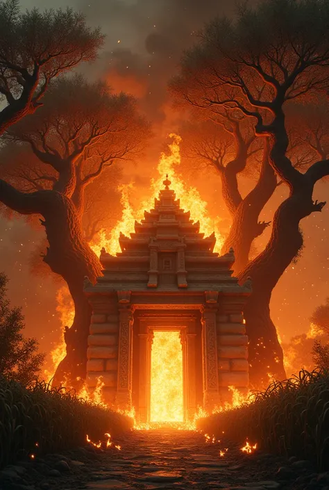 Photos of ancient maize trees burning the temple