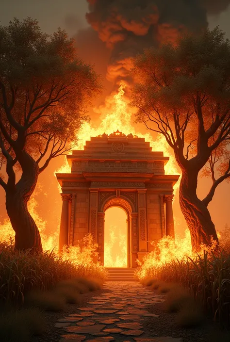 Photos of ancient maize trees burning the temple