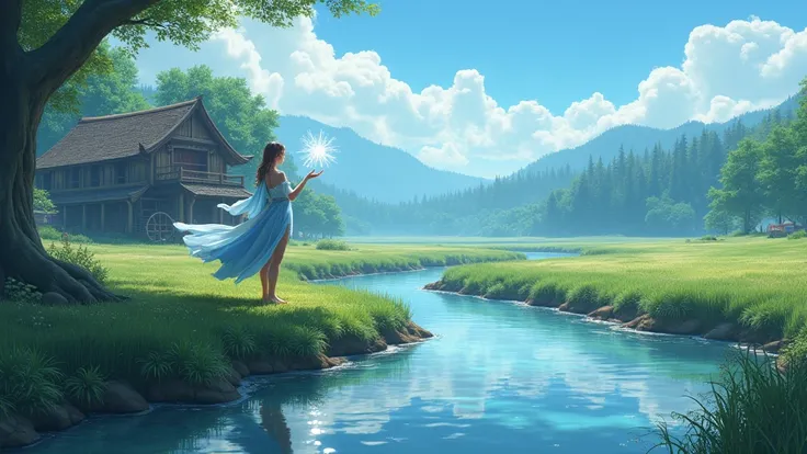 a river, fields, blue sky, the forest, water mill, water flows ,  female magician, legs