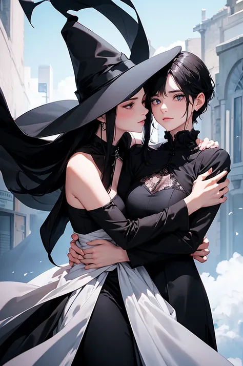  a man in a long black cape with a very elegant black hat and long hair takes a beautiful woman with short hair almost bald around the waist , the two are hugging close together and are seen from the front  , The woman wears a white blouse and a black skir...