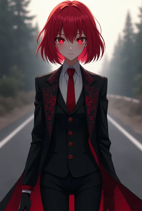 A girl stay on the road and wearing black court and suit. Red hair and. red eye. she look like Anime character