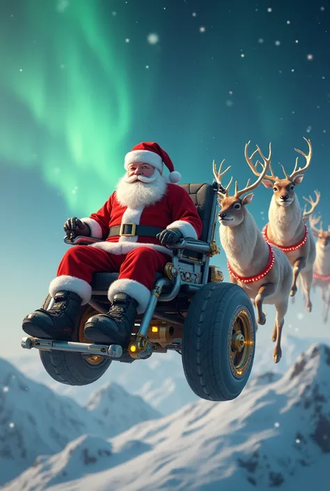 A disabled Santa Claus ,  on a flying wheelchair , pulled by magic reindeer in mid-flight.