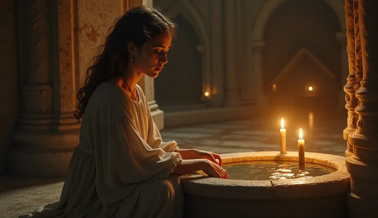 Framing: Position the woman sitting by a small pool of holy water near the entrance of the church, her fingers lightly touching the surface. Her expression is peaceful, as if she’s drawing comfort or clarity from the act.
Lighting: Candlelight reflects sof...