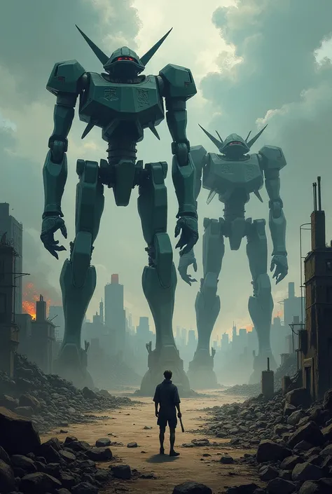 I want an image themed from the anime Evangelion in the style of an oil painting, with a post-apocalyptic style that will serve as a background for another drawing that I will do 