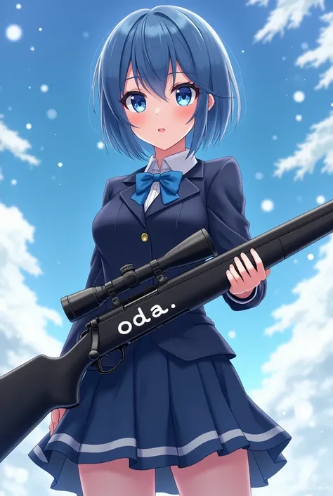  anime-like woman 。cool and cute expression 。 blue eyes。 short hair on the side of the uniform。 blue hair 。Glamorous woman。JK clothes 。 standing on her back in the winter sky。 angle from the front and bottom。 holding a rifle 。I want ODA written on the rifl...