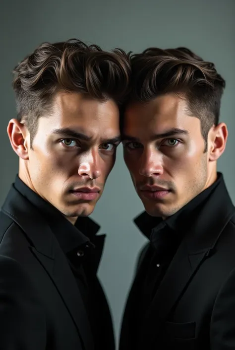 Create two men who are twins who are difficult to identify because they are so the same  , Malos y Bello = s and make it like a photo looking forward 