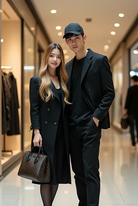 A photo of couple lovers looking at the camera. a beautiful Korean woman chubby looking at the camera with very long dark blonde hair smooth and silky fringe , white pele, thin lips, straight eyebrows, light makeup. wearing a black LV look, very cheerful w...