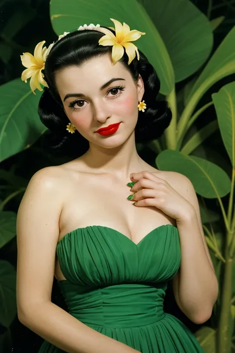 1950s young woman, EXOTICA, jungle flower, portrait