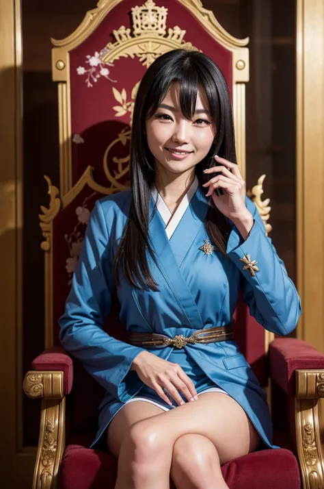 A beautiful japanese woman sitting cross-legged on the throne and grinning,scanty suits,She puts her hand on her cheek,absurdres,high quality