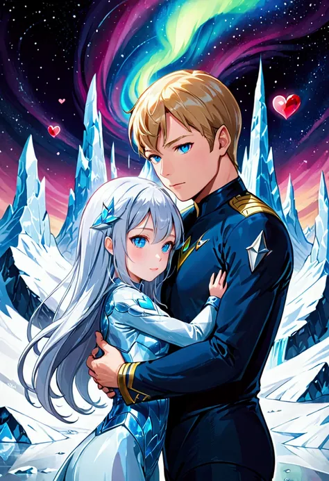 (extreme complexity, multiple subjects) Captain Kirk of Star Trek Fame (Starfleet cold weather uniform) is gazing into the loving arms of a gorgeous ice alien (cute, age 25, deep blue eyes, long glassy hair), aurora over the glacier, sci fi romance, heart ...