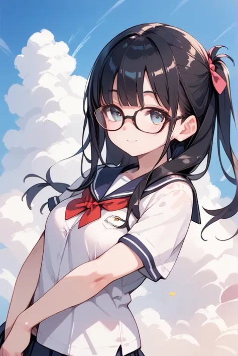  black hair, long hair,Glasses, Japanese High School Girls Uniform , comments, muffler , cloudy sky, looking up at the sky ,A strip of light shines through a gap in the clouds