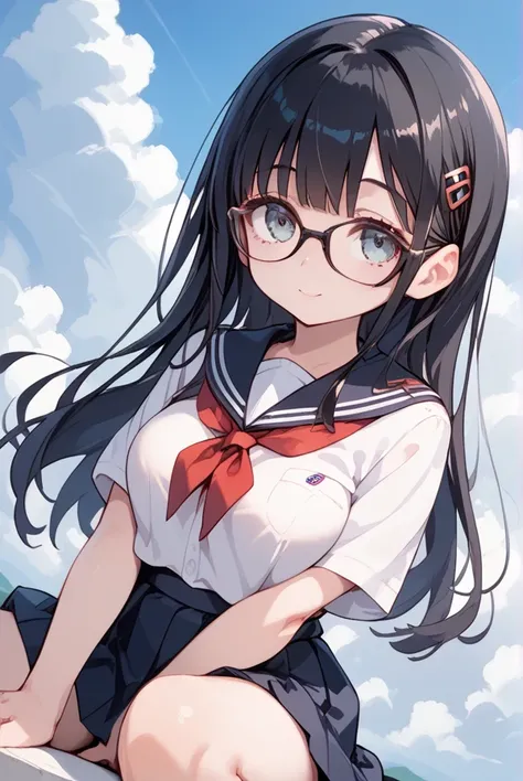  black hair, long hair,Glasses, Japanese High School Girls Uniform , comments, muffler , cloudy sky, looking up at the sky ,A strip of light shines through a gap in the clouds