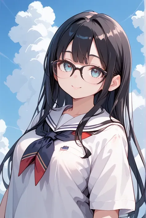  black hair, long hair,Glasses, Japanese High School Girls Uniform , comments, muffler , cloudy sky, looking up at the sky ,A strip of light shines through a gap in the clouds