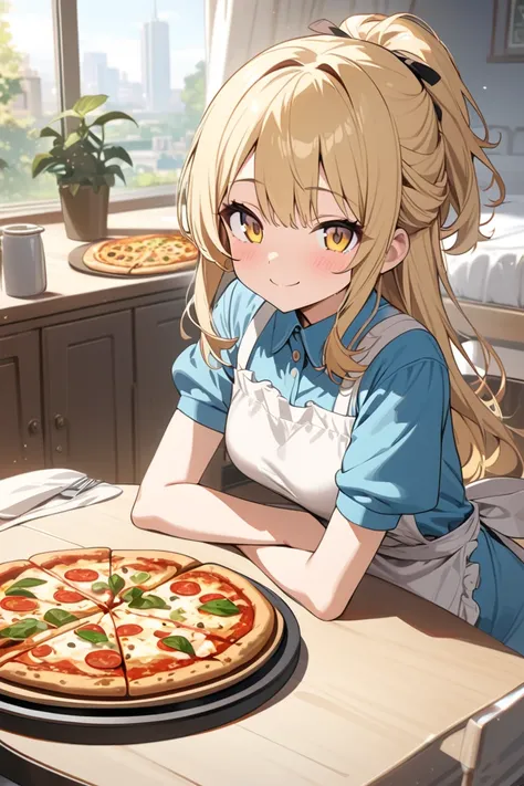 masterpiece, best quality, ultra detailed, a girl, smiling, looking at viewer, half updo, blonde, golden eyes,apron dress,short sleeves,pizza, in the room, with a table, in the afternoon, cute, kawaii, anime