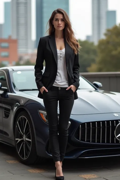 . A woman wearing a jacket and pants stands confidently beside a parked car, showcasing a stylish and modern look. 2. A woman dressed in a jacket and pants stands next to a car, exuding confidence and style in an urban setting. 3. A woman in a fashionable ...