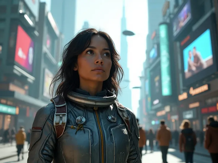 Cinematic shot of Emma walking through a bustling futuristic cityscape, her gaze sweeping across the towering buildings and advanced technology surrounding her. The main subject is Emma, a woman in her late 30s with an oval face and high cheekbones, mainta...