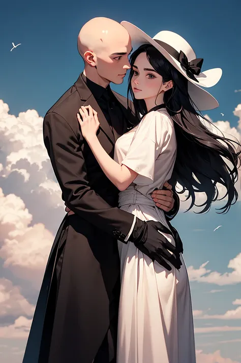 a man and a woman staring at each other  ,  a man in a long black cape with a very elegant black hat,  long hair ,Take by the waist a beautiful bald woman  , the two are hugging close together and are seen from the front  , The woman wears a white blouse a...