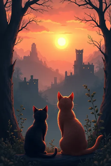 2D digital sunset background where from the forest there are a pair of semi-realistic cats watching in the distance where there is no longer a forest an abandoned town of abandoned houses