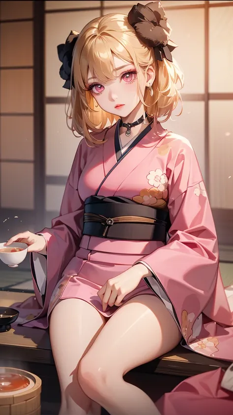 kitagawa marin, (red eyes), (Blonde hair), 
(((cowboy shot))), look at viewer, nsfw, (face focus), (((tea ceremony club kimono, traditional Japanese kimono with obi))), holding a tea bowl, serene setting, 
1 woman, Sexy and beautiful, small face, 
(multico...