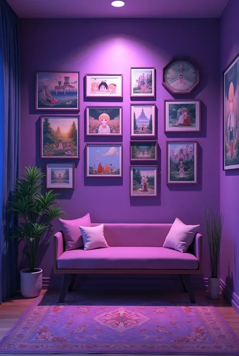 Create a living room purple wall you cant see the floor on the wall there are several anime photos there is a camera next to it there is a bench in front