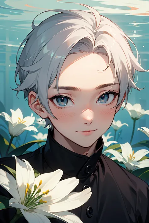  Description of the image Represents the image of an adult male， He has a beautiful Wuguan ， This makes him look both charming and charming 。 his white color Short hair gives him a freshness 、 Modern feeling ，Long lashes under the sea slope ， Exposed foreh...