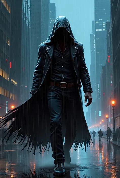  in serious comic style ,  the main characters overall appearance ,  rain rider ,   he wears dark clothes ,  hooded leather coat ,   he wears a hood and cant see his face 、 can stay anonymous  .   Darknessｍ Cyberpunk.  it rains constantly from there .  wit...