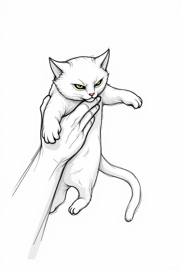  a hand lifts a cat by the neck while holding it in the air, The cat looks annoying and sad type drawing sketch  