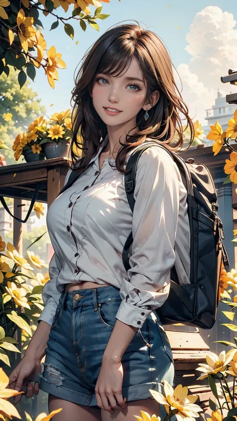 Tip: A very attractive girl with a backpack and a cute puppy、 is enjoying a lovely spring outing surrounded by beautiful yellow flowers and nature 。.  The illustration is a high-definition illustration with 4K resolution ,  Please smile brightly towards.  