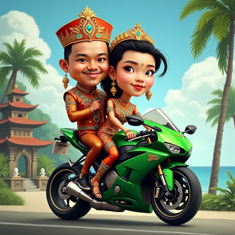 Create a Realistic Caricature Cartoon Big Head of a Couple of Indonesian Groom and Woman Wearing Indonesian Wedding Dress,mengendarai sepeda motor street fighter naked warna hijau.  The background contains elements of Balinese landscape , including pura , ...