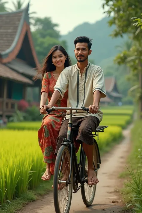 by following the visual of a clean-faced handsome Indonesian man wearing traditional Javanese clothes with small aris stripes wearing blangkon warok or udeng riding an old ontel bicycle along with a beautiful Indonesian haired woman in a bun on the backgro...